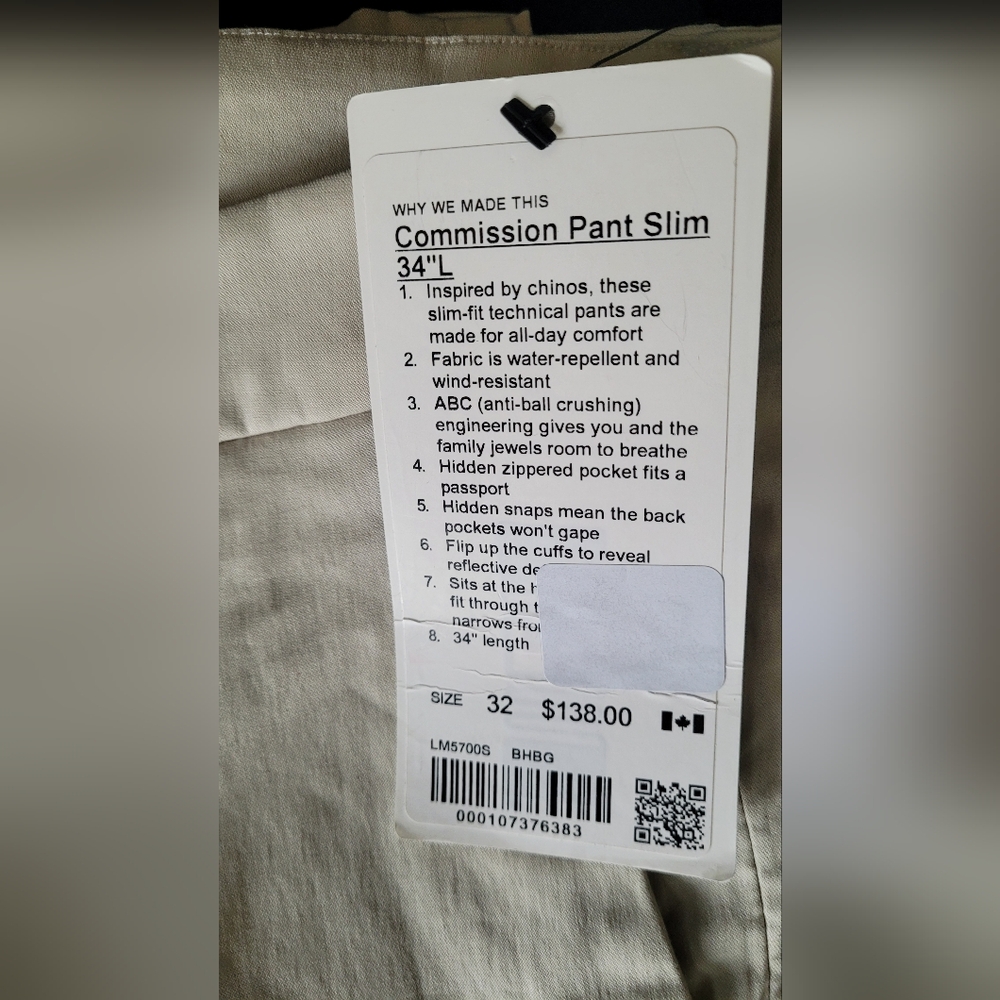 Lululemon Commission Pants Slim ABC Trousers Khaki Beige Tan 32" W x 34" L Mens